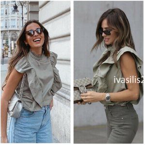 ZARA ruffled poplin blouse top blogger Khaki NWT